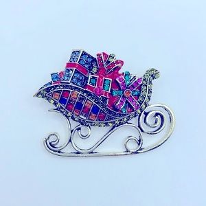 Rhinestone Christmas Santa Sleigh Brooch